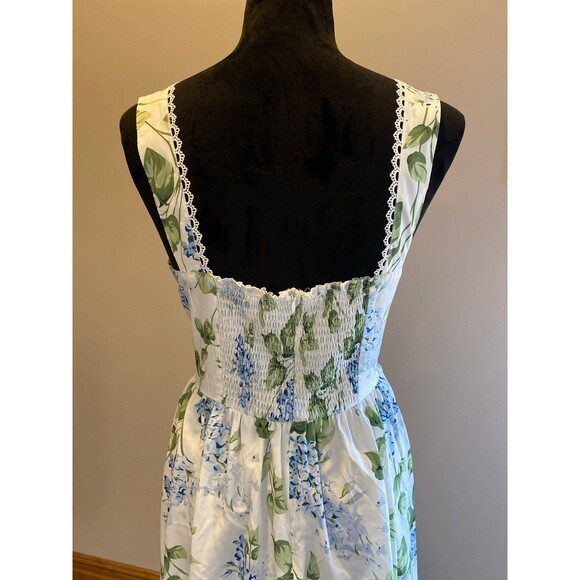Floral Midi Dress Sz Large Blue White Cottagecore Sundress Lace Trim Smocked - Picture 6 of 11